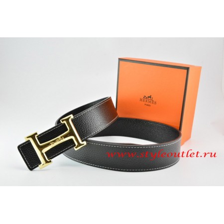 Hermes Black/Black Leather Men Reversible Belt 18k Gold Smooth H Buckle ,Cheap