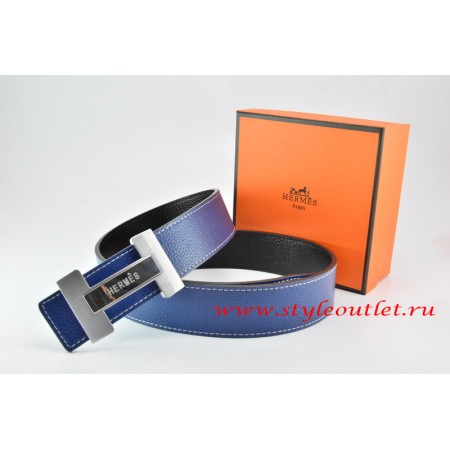 Hermes Dark Blue/Black Leather Men Reversible Belt 18k Silver Logo H Buckle ,Cheap