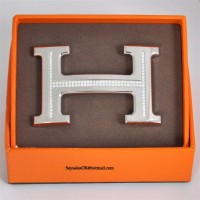 Hermes Belt 18k Silver Plated H Buckle with Single Row Full Diamonds