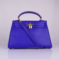 Hermes Kelly 32cm Tote Leather Bag Blue Clemence Gold