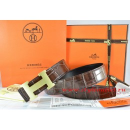 Hermes Brown/Black Crocodile Stripe Leather Reversible Belt 18K Gold H Buckle