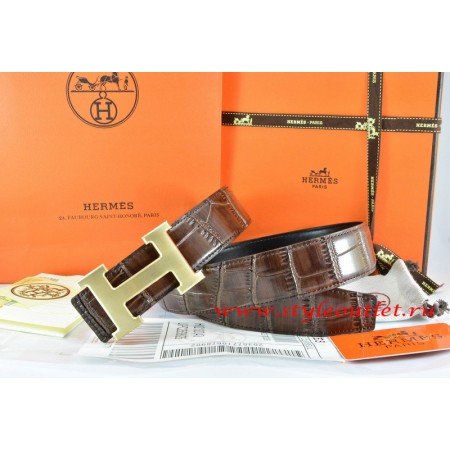 Hermes Brown/Black Crocodile Stripe Leather Reversible Belt 18K Drawbench Gold H Buckle