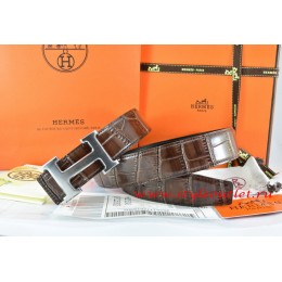 Hermes Brown/Black Crocodile Stripe Leather Reversible Belt 18K Drawbench Silver H Buckle