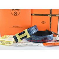 Hermes Blue/Black Crocodile Stripe Leather Reversible Belt 18K Gold H Buckle