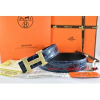 Hermes Blue/Black Crocodile Stripe Leather Reversible Belt 18K Drawbench Gold H Buckle
