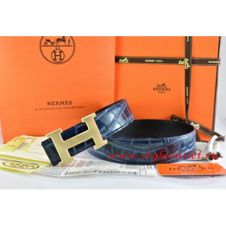 Hermes Blue/Black Crocodile Stripe Leather Reversible Belt 18K Drawbench Gold H Buckle
