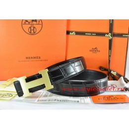 Hermes Black/Black Crocodile Stripe Leather Reversible Belt 18K Gold H Buckle