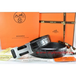 Hermes Black/Black Crocodile Stripe Leather Reversible Belt 18K Silver H Buckle