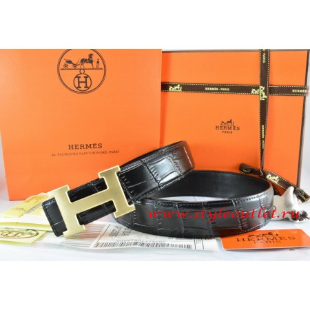 Hermes Black/Black Crocodile Stripe Leather Reversible Belt 18K Drawbench Gold H Buckle