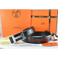 Hermes Black/Black Crocodile Stripe Leather Reversible Belt 18K Drawbench Silver H Buckle