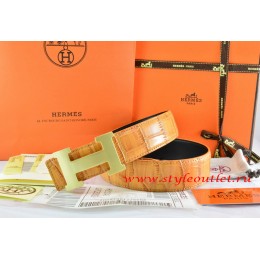 Hermes Orange/Orange Crocodile Stripe Leather Reversible Belt 18K Gold H Buckle