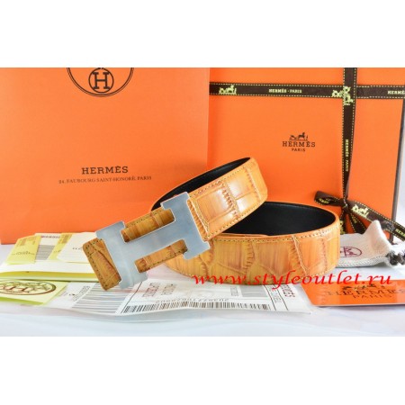 Hermes Orange/Orange Crocodile Stripe Leather Reversible Belt 18K Silver H Buckle