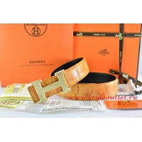 Hermes Orange/Orange Crocodile Stripe Leather Reversible Belt 18K Drawbench Gold H Buckle