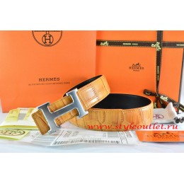 Hermes Orange/Orange Crocodile Stripe Leather Reversible Belt 18K Drawbench Silver H Buckle