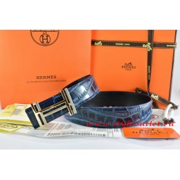 Hermes Blue/Black Crocodile Stripe Leather Reversible Belt 18K Gold H au Carre Buckle