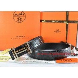 Hermes Black/Black Crocodile Stripe Leather Reversible Belt 18K Gold H au Carre Buckle