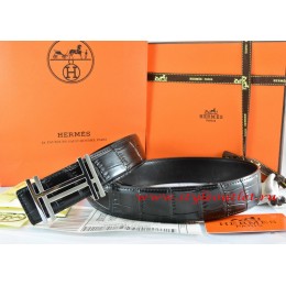 Hermes Black/Black Crocodile Stripe Leather Reversible Belt 18K Silver H au Carre Buckle