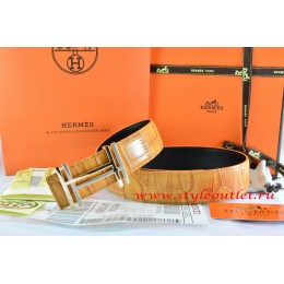 Hermes Orange/Black Crocodile Stripe Leather Reversible Belt 18K Gold H au Carre Buckle