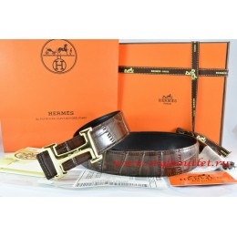 Hermes Brown/Black Crocodile Stripe Leather Reversible Belt 18K Gold Idem With Logo Buckle