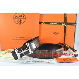 Hermes Brown/Black Crocodile Stripe Leather Reversible Belt 18K Silver Idem With Logo Buckle