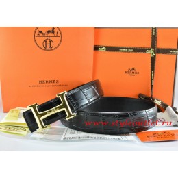 Hermes Black/Black Crocodile Stripe Leather Reversible Belt 18K Gold Idem With Logo Buckle