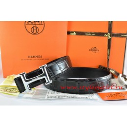 Hermes Black/Black Crocodile Stripe Leather Reversible Belt 18K Silver Idem With Logo Buckle