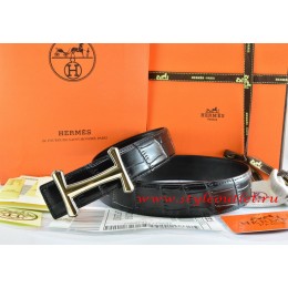 Hermes Black/Black Crocodile Stripe Leather Reversible Belt 18K Gold Idem Buckle