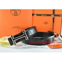 Hermes Black/Black Crocodile Stripe Leather Reversible Belt 18K Black Gold Idem Buckle