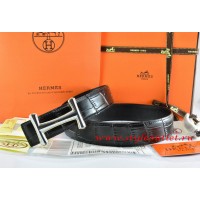 Hermes Black/Black Crocodile Stripe Leather Reversible Belt 18K Silver Idem Buckle