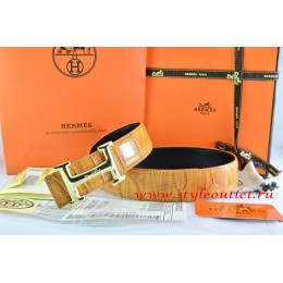 Hermes Orange/Black Crocodile Stripe Leather Reversible Belt 18K Gold Idem With Logo Buckle