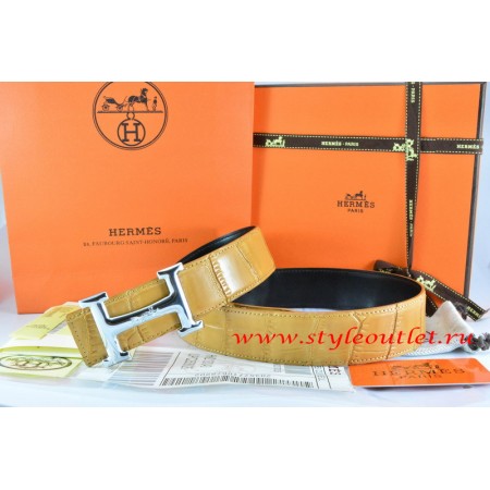 Hermes Orange/Black Crocodile Stripe Leather Reversible Belt 18K Silver Idem With Logo Buckle