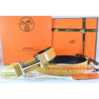 Hermes Orange/Black Crocodile Stripe Leather Reversible Belt 18K Gold Idem Buckle