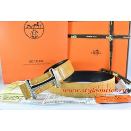 Hermes Orange/Black Crocodile Stripe Leather Reversible Belt 18K Orange Gold Idem Buckle