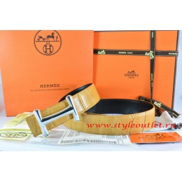 Hermes Orange/Black Crocodile Stripe Leather Reversible Belt 18K Silver Idem Buckle