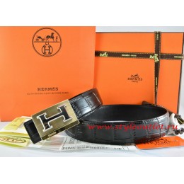 Hermes Black/Black Crocodile Stripe Leather Reversible Belt 18K Gold Big H Buckle