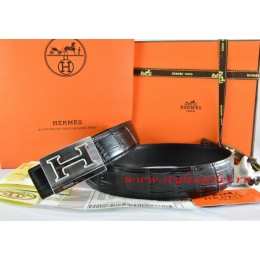 Hermes Black/Black Crocodile Stripe Leather Reversible Belt 18K Silver Big H Buckle