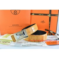 Hermes Orange/Black Crocodile Stripe Leather Reversible Belt 18K Gold Big H Buckle