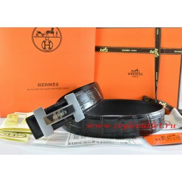 Hermes Black/Black Crocodile Stripe Leather Reversible Belt 18K Silver H Logo Buckle