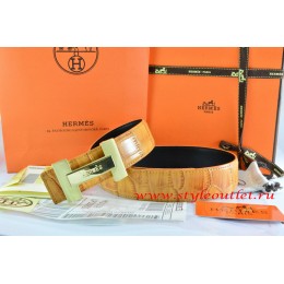 Hermes Orange/Black Crocodile Stripe Leather Reversible Belt 18K Gold H Logo Buckle
