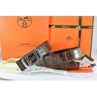 Hermes Brown/Black Crocodile Stripe Leather Reversible Belt 18K Silver Lace Strip H Buckle