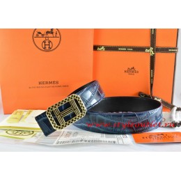 Hermes Blue/Black Crocodile Stripe Leather Reversible Belt 18K Gold Lace Strip H Buckle