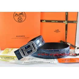 Hermes Blue/Black Crocodile Stripe Leather Reversible Belt 18K Silver Lace Strip H Buckle