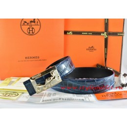 Hermes Blue/Black Crocodile Stripe Leather Reversible Belt 18K Gold Coach Buckle