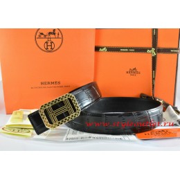 Hermes Black/Black Crocodile Stripe Leather Reversible Belt 18K Gold Lace Strip H Buckle