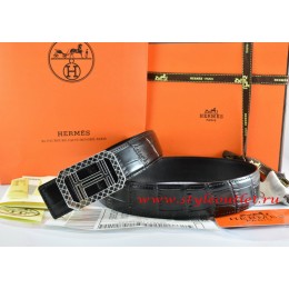 Hermes Black/Black Crocodile Stripe Leather Reversible Belt 18K Silver Lace Strip H Buckle