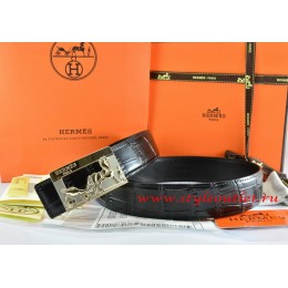 Hermes Black/Black Crocodile Stripe Leather Reversible Belt 18K Gold Coach Buckle