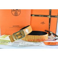 Hermes Orange/Orange Crocodile Stripe Leather Reversible Belt 18K Gold Lace Strip H Buckle
