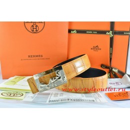 Hermes Orange/Orange Crocodile Stripe Leather Reversible Belt 18K Gold Coach Buckle