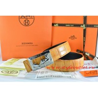 Hermes Orange/Orange Crocodile Stripe Leather Reversible Belt 18K Silver Coach Buckle