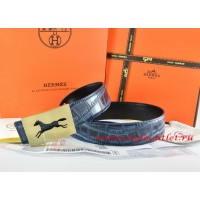 Hermes Blue/Black Crocodile Stripe Leather Reversible Belt 18K Gold Hollow Horse Buckle